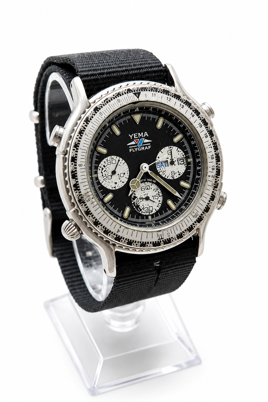 YEMA Flygraf Reverse Panda – Cronograf de Aviație cu Riglă de Calcul și Busolă Solară – Anii ’80